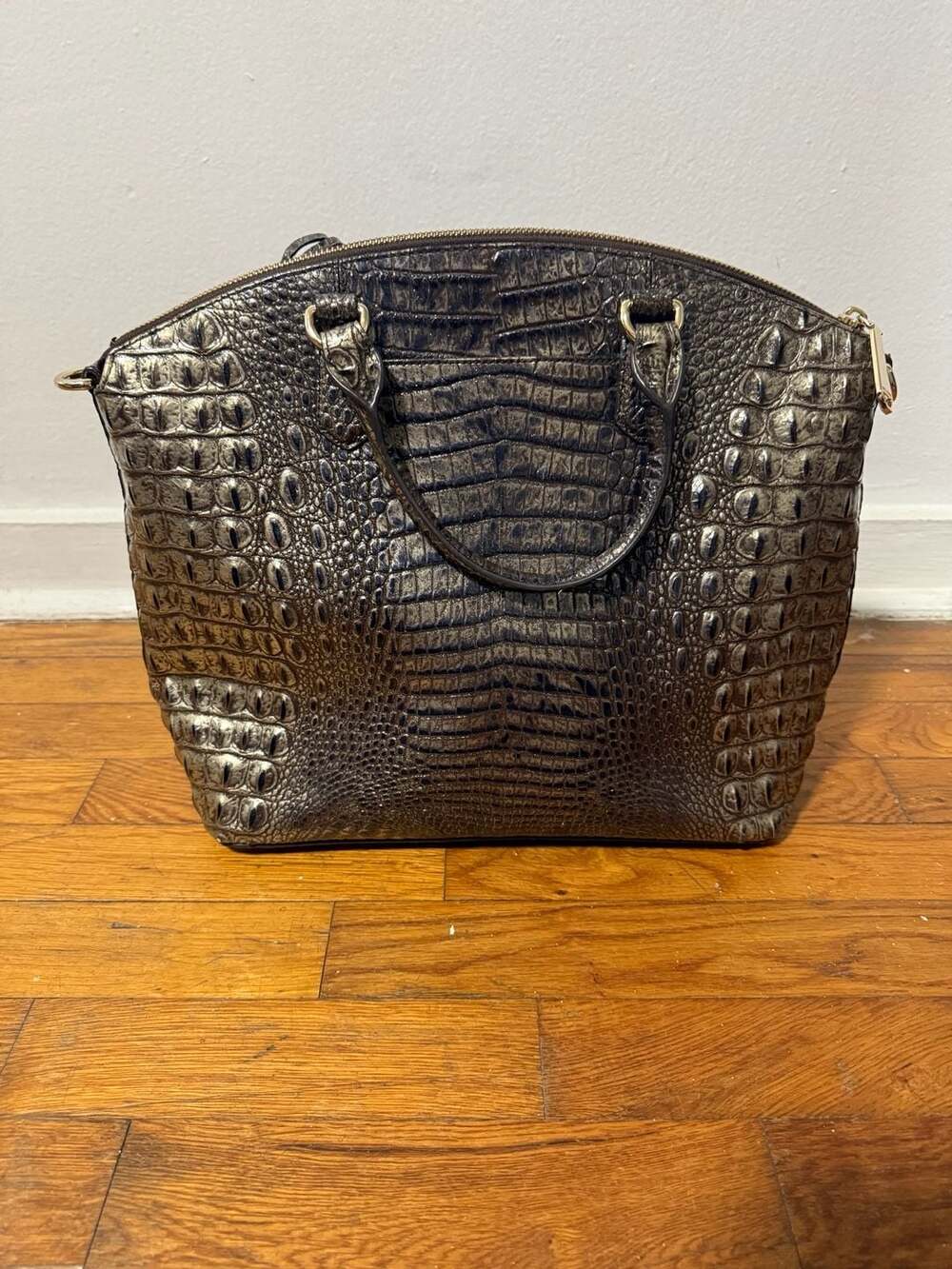 Brahmin Duxbury Large Satchel Bag Black Croc Embossed Leather